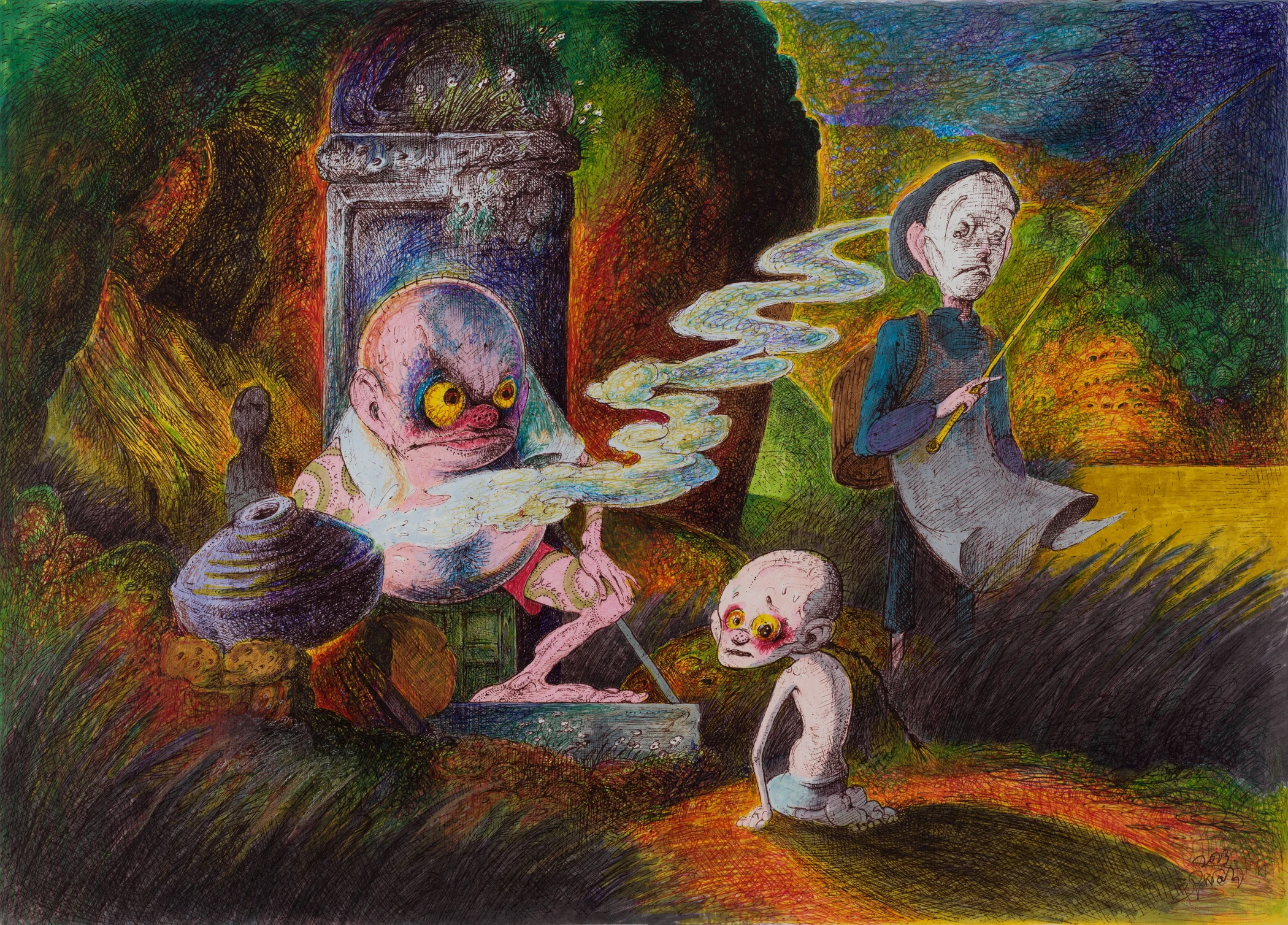 Qiu Jiongjiong's Scribble 06: brightly coloured figures cooking at a stove in an imagined landscape